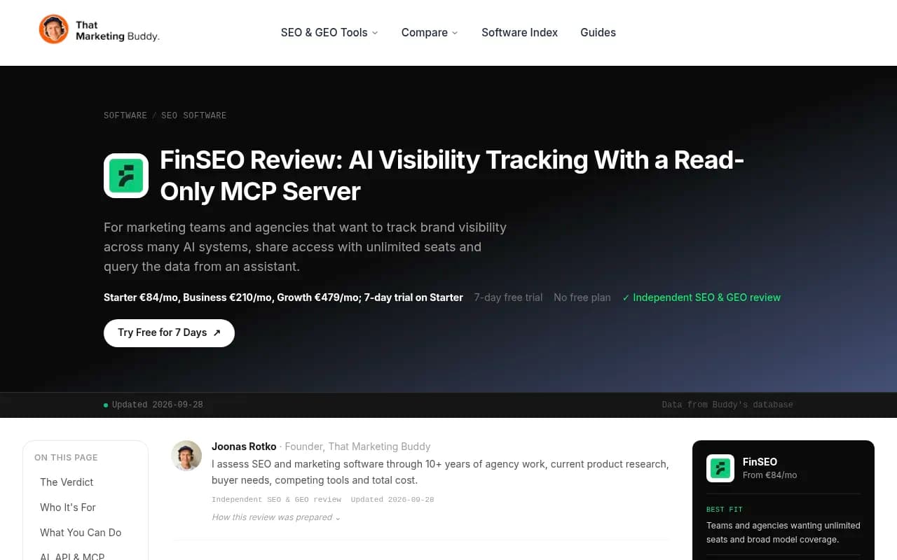 Finseo pricing page showing Starter, Business, and Growth plan tiers with feature comparison table