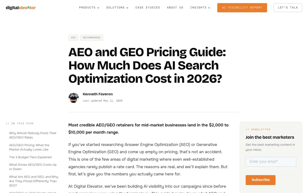 AEO and GEO pricing guide showing market rate ranges for mid-market and enterprise AI search optimization programs