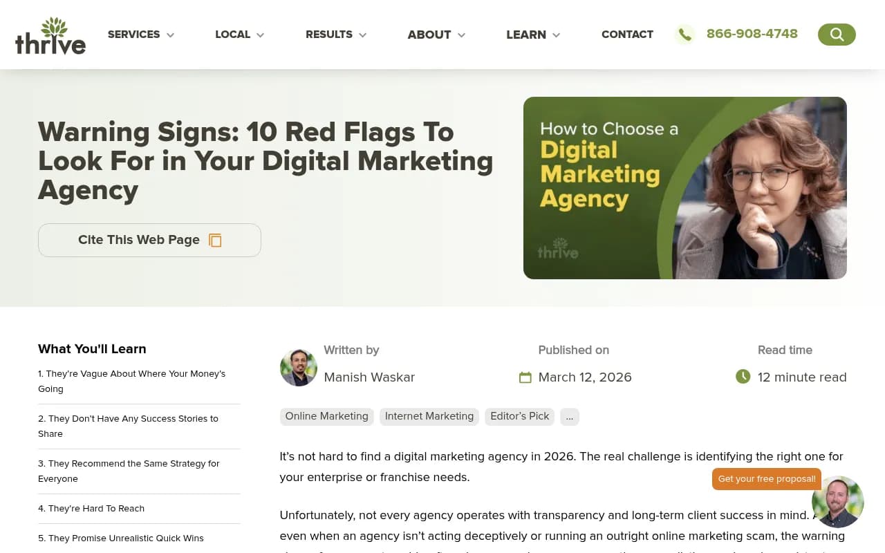 Thrive Agency article on red flags in digital marketing agencies, including vague spend and vanity metrics