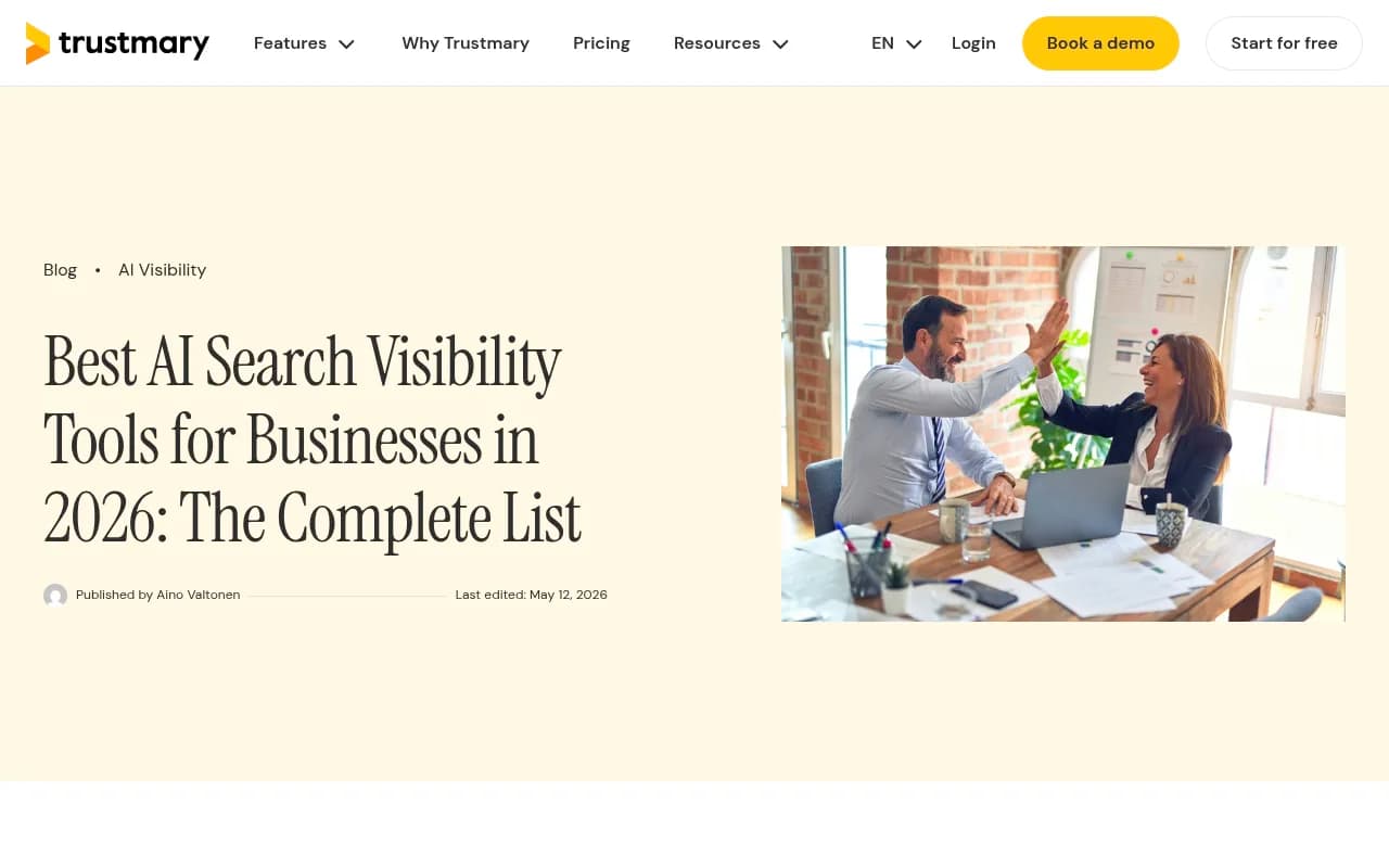 Trustmary's comprehensive list of AI search visibility tools for 2026, organized by category with pricing and user feedback