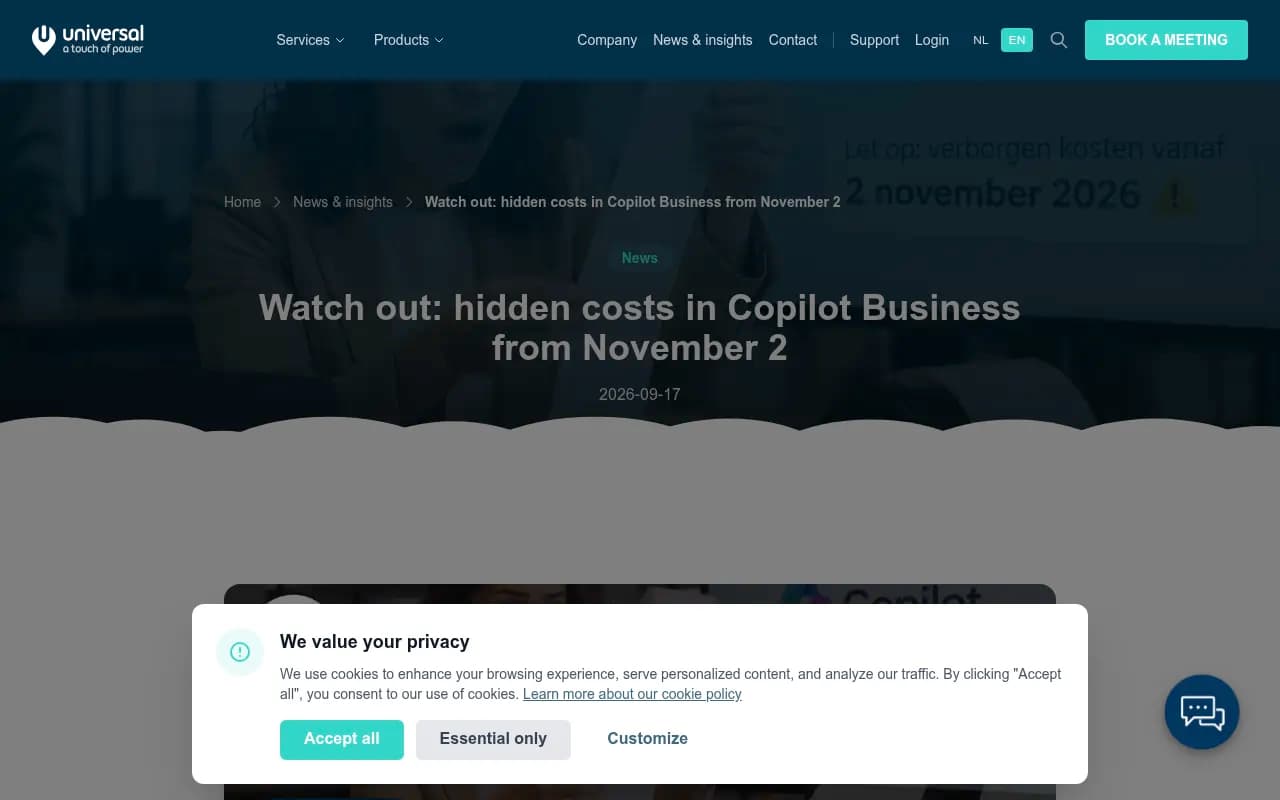 Universal.cloud's breakdown of the Copilot Business usage-based billing change taking effect November 2, 2026