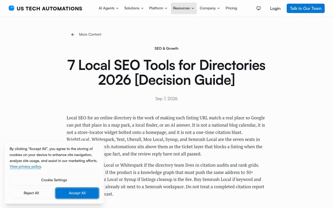 Third-party decision guide comparing local SEO tools such as BrightLocal, Whitespark, Yext, Uberall, Moz Local, Synup and Semrush Local for directories