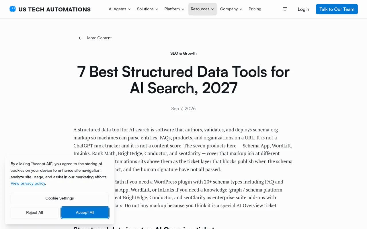 US Tech Automations' structured data tools roundup covering WordLift, InLinks, Schema App and others