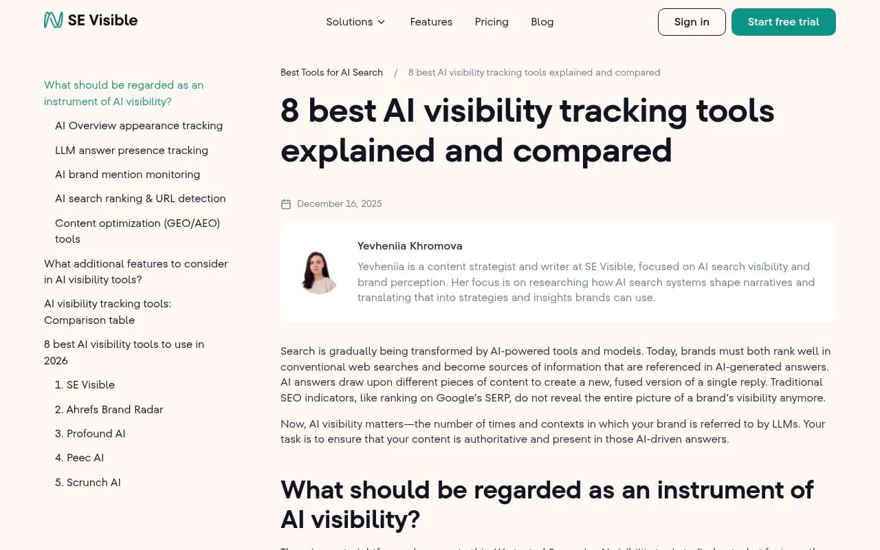 SE Ranking's breakdown of AI visibility tool categories and feature types