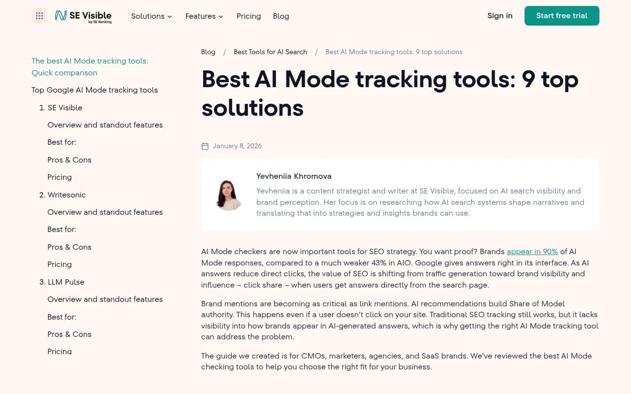 SE Visible's guide to AI Mode tracking tools, comparing eight platforms by focus, strength and starting price