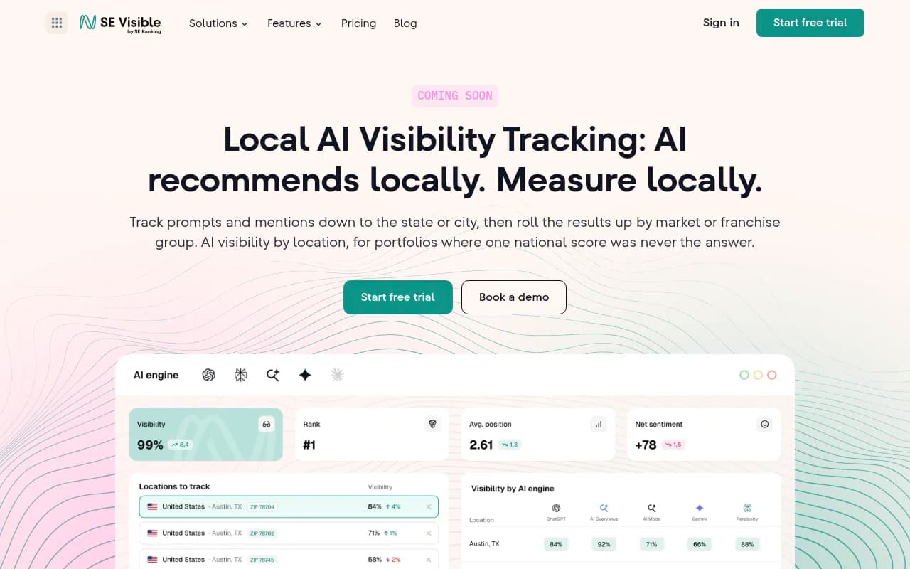 SE Ranking Visible local AI visibility tracking page showing city and region tracking