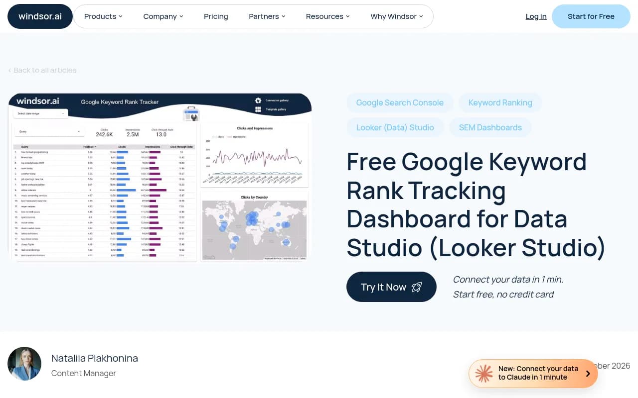 Windsor.ai's free keyword rank tracking template for Looker Studio