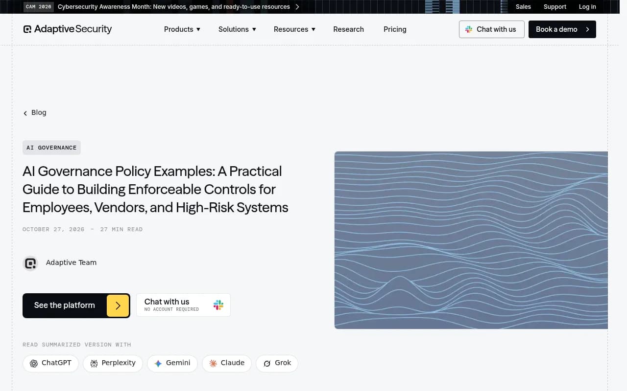Adaptive Security's AI governance policy examples guide covering risk tiers, employee controls, and vendor rules