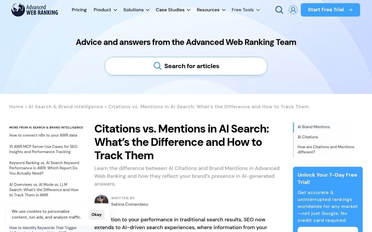 Advanced Web Ranking help page on citations versus mentions