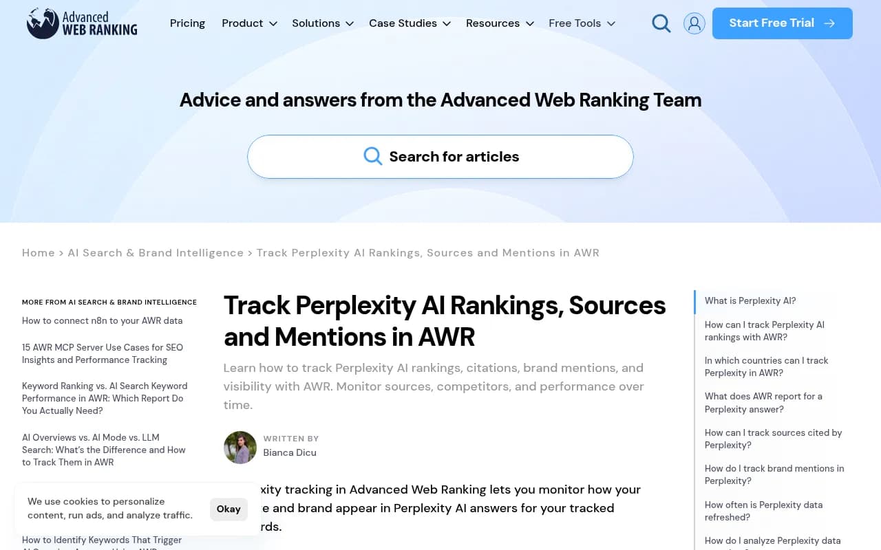 Advanced Web Ranking help page explaining how to track Perplexity sources, mentions and rankings