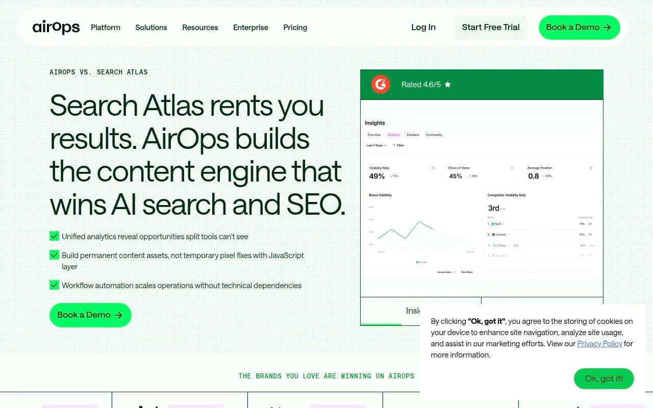AirOps vs Search Atlas comparison page showing positioning differences