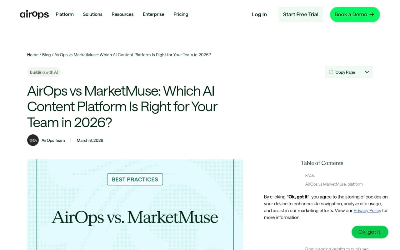 AirOps vs MarketMuse comparison page on the AirOps blog, showing their own take on the differences between the two platforms