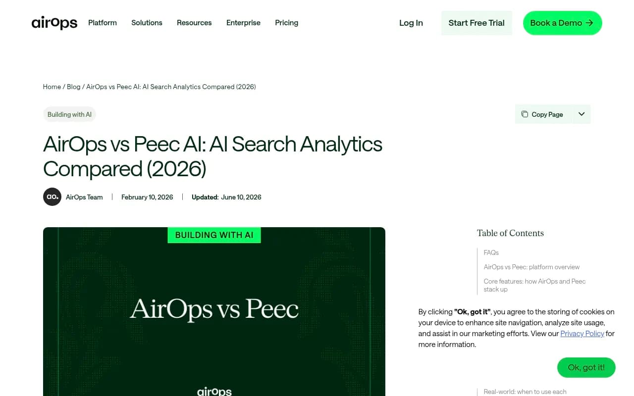 AirOps vs Peec.ai comparison page showing workflow and monitoring distinctions