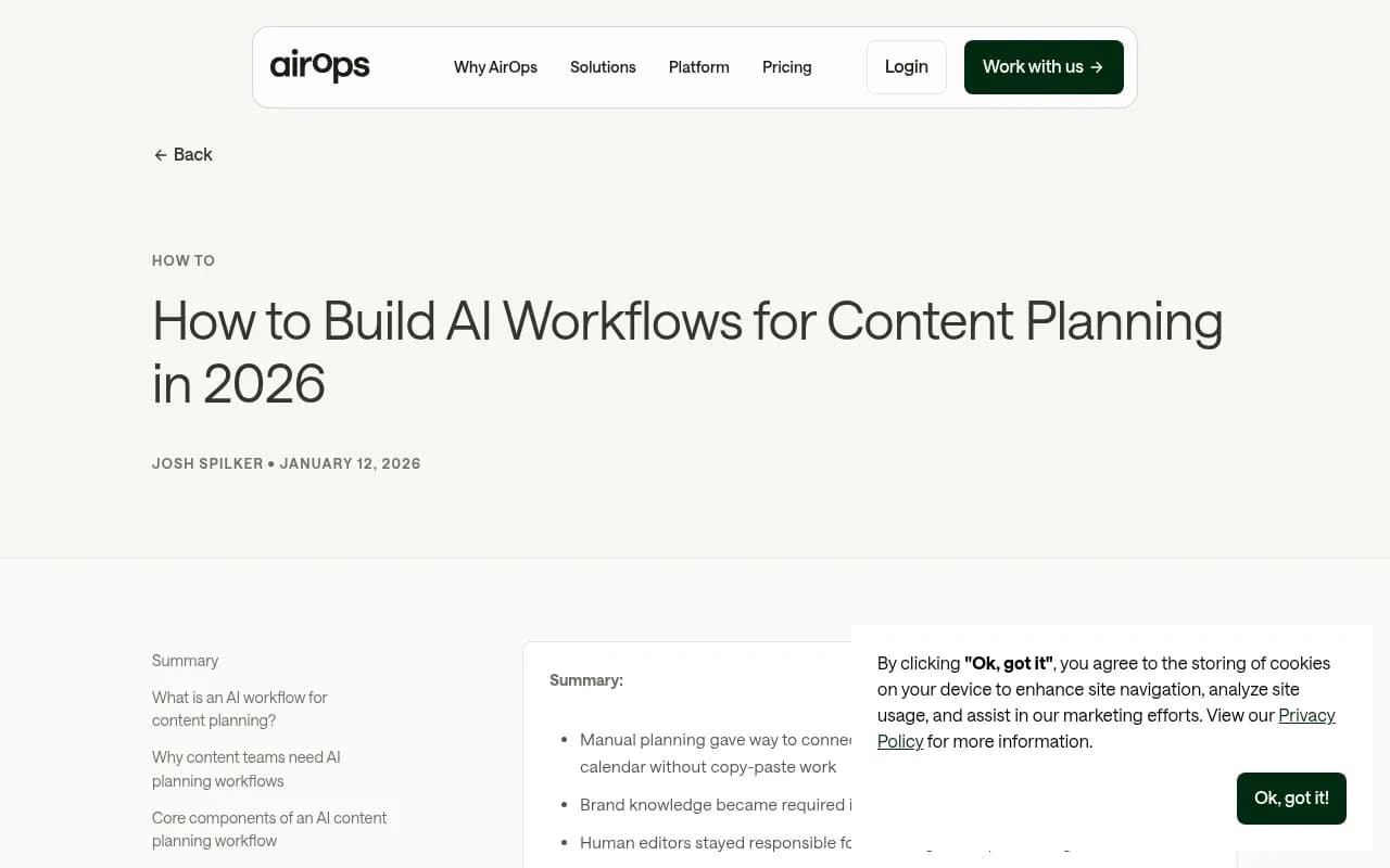 Screenshot of AirOps blog post on building AI workflows for content planning in 2026