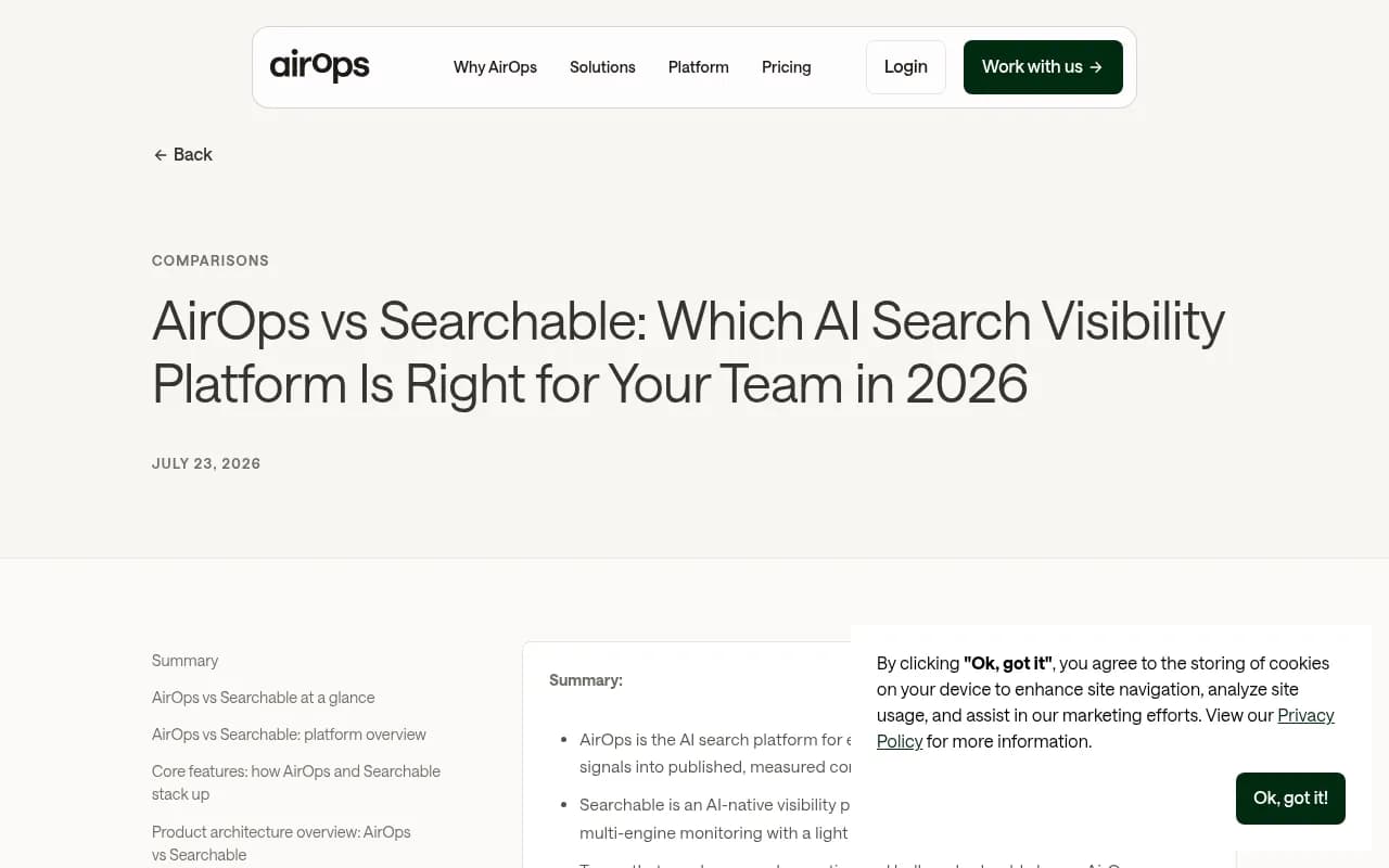 Comparison of AirOps vs Searchable AI search visibility platforms