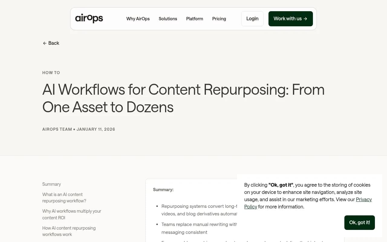 AirOps' content repurposing workflow, which turns one source asset into dozens of channel outputs
