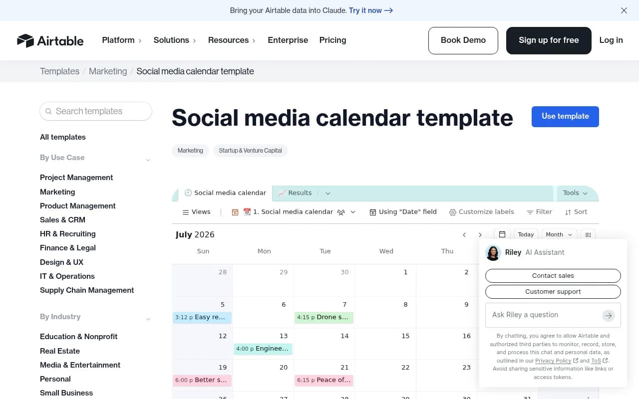 Airtable's social media calendar template showing a monthly calendar view with posts tagged by platform, status, and owner