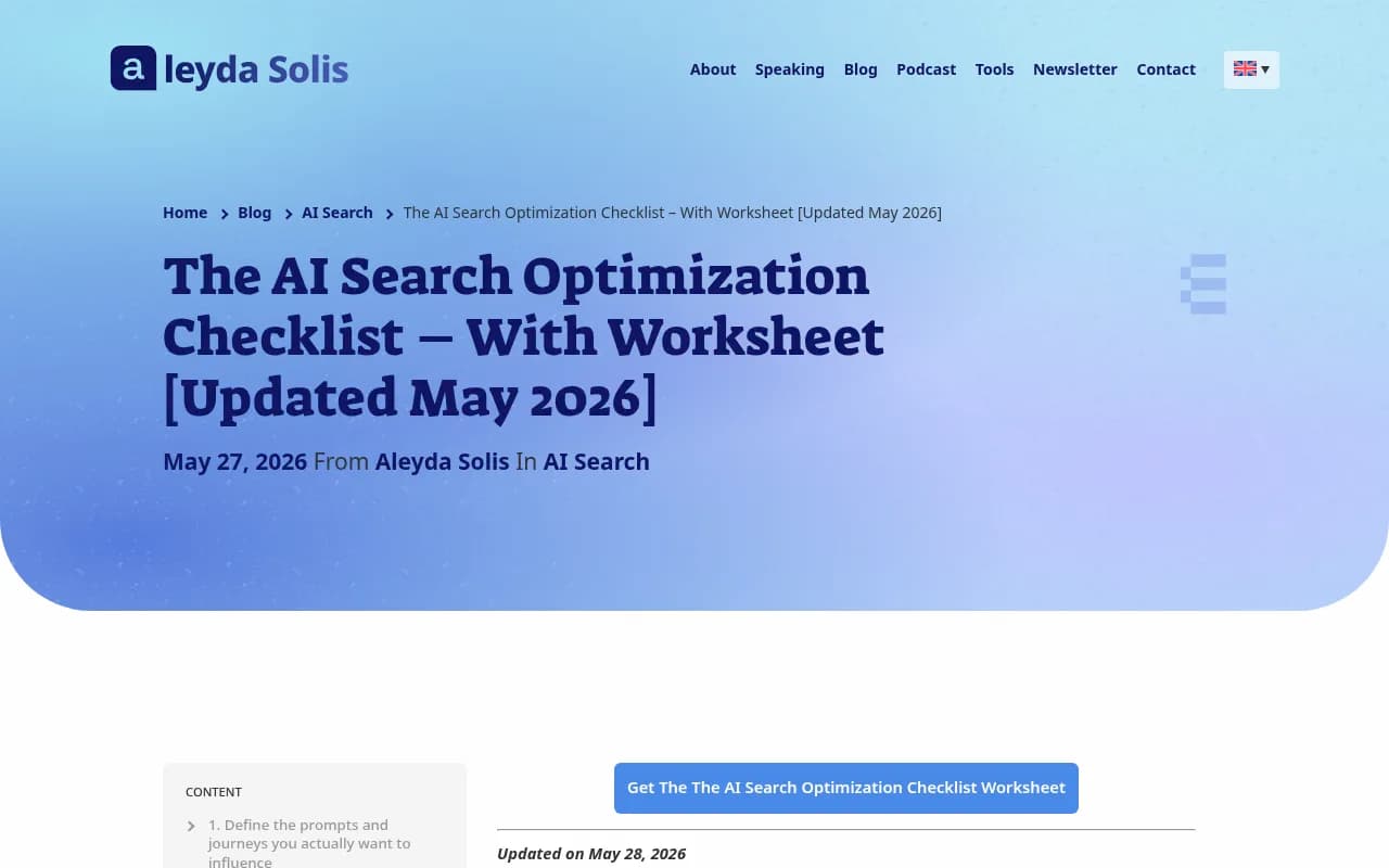 Aleyda Solis's AI Search Optimization Checklist -- a practical framework for mapping AI search journeys, visibility gaps, and measurement