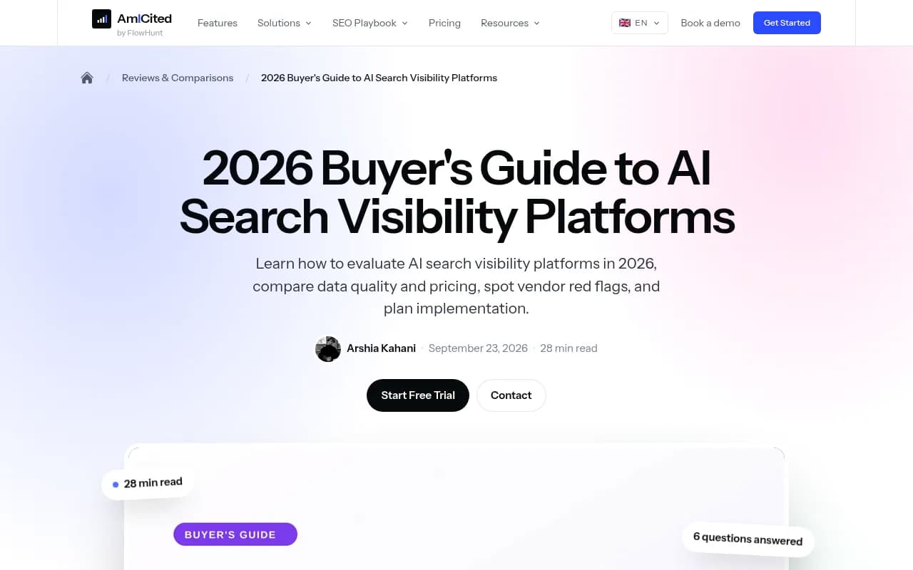 Am I Cited's buyer's guide to AI search visibility platforms covering methodology, engine coverage, and execution
