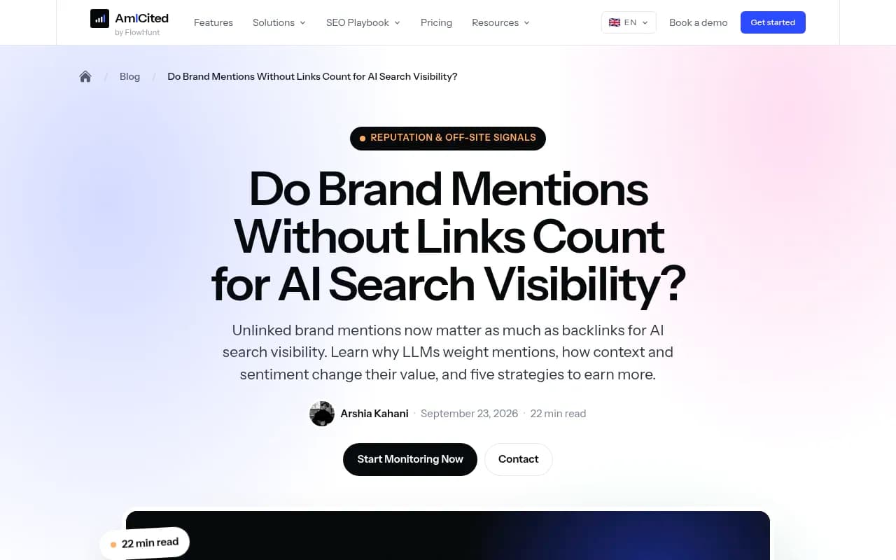 Am I Cited article on whether brand mentions without links count for AI search visibility