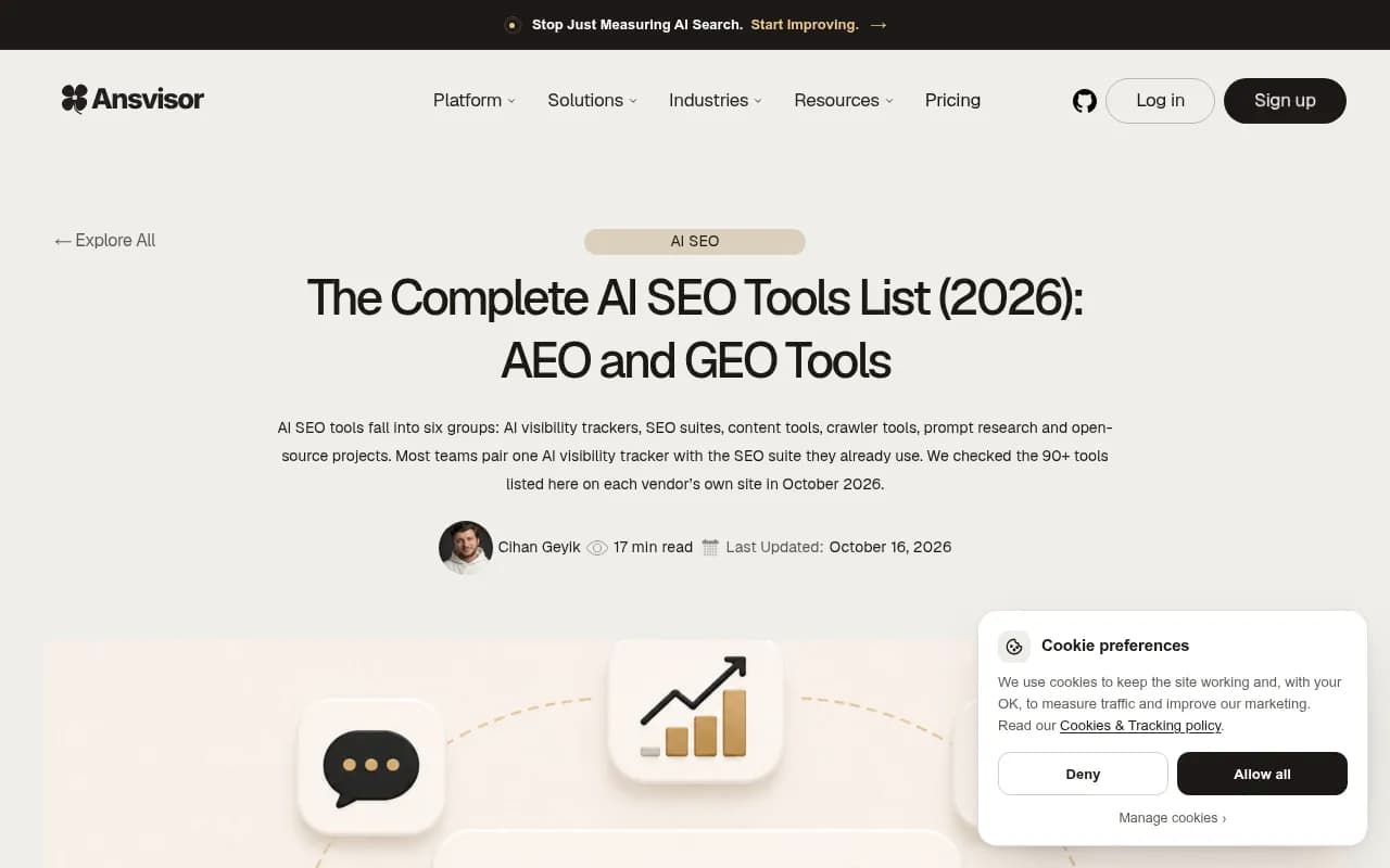 Ansvisor's list of AI SEO tool categories, including crawler tools