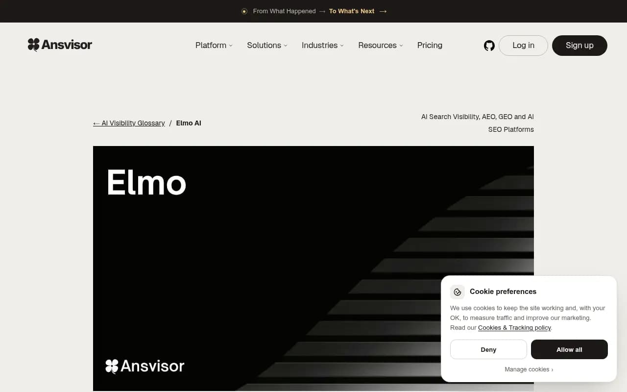 Ansvisor glossary page comparing Elmo and Ansvisor as open-source AEO tools