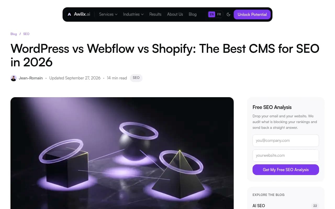 Awilix comparison of WordPress, Webflow and Shopify for SEO in 2026