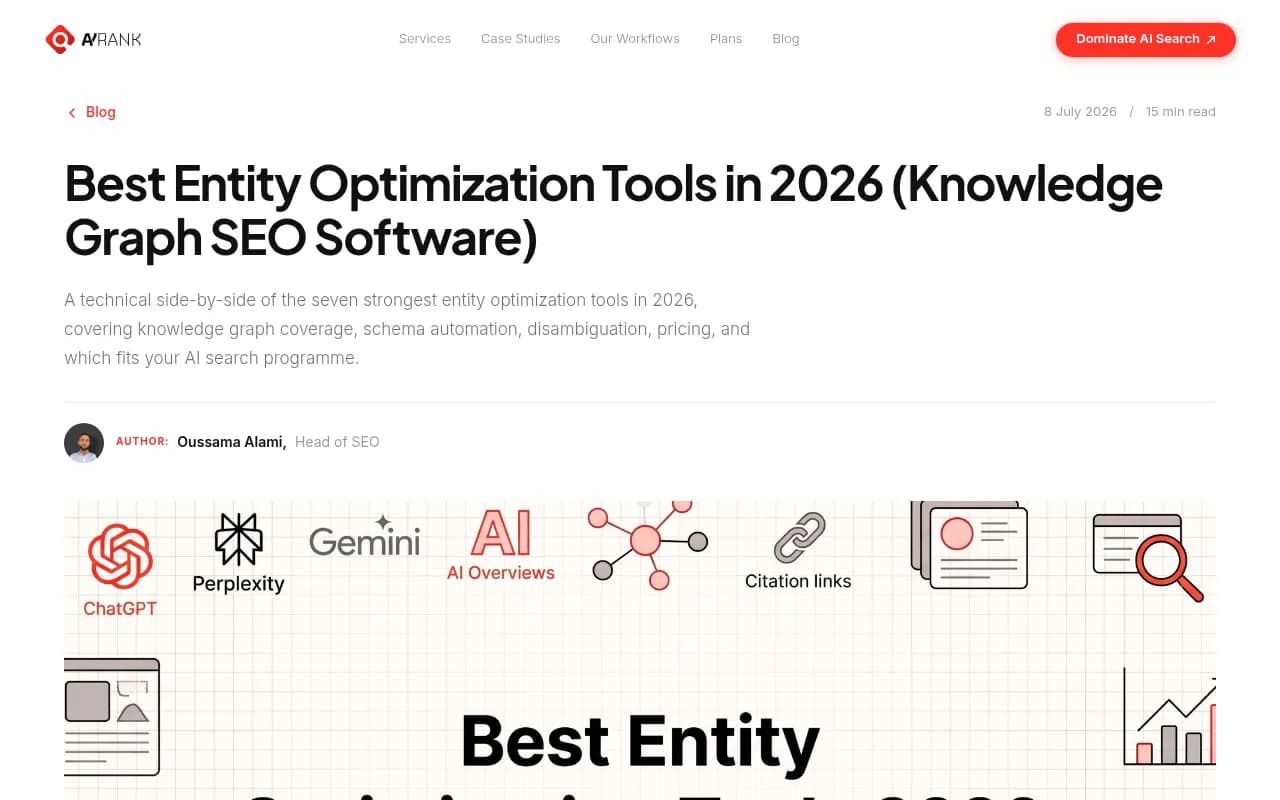 AY Rank's roundup of seven entity optimization tools, including InLinks and WordLift