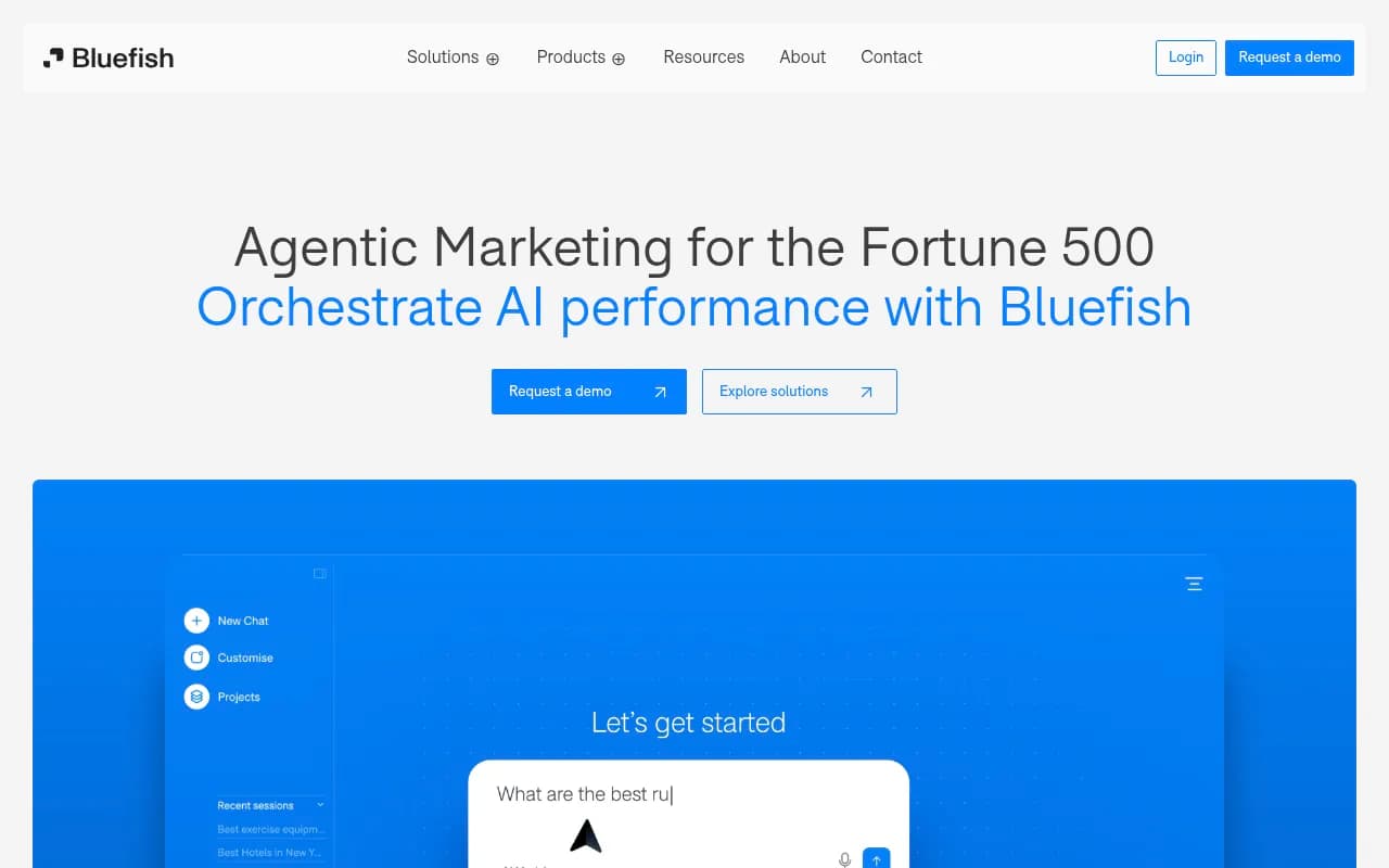 Bluefish's homepage now frames the product as an end-to-end agentic marketing platform rather than a narrower AI visibility tracker