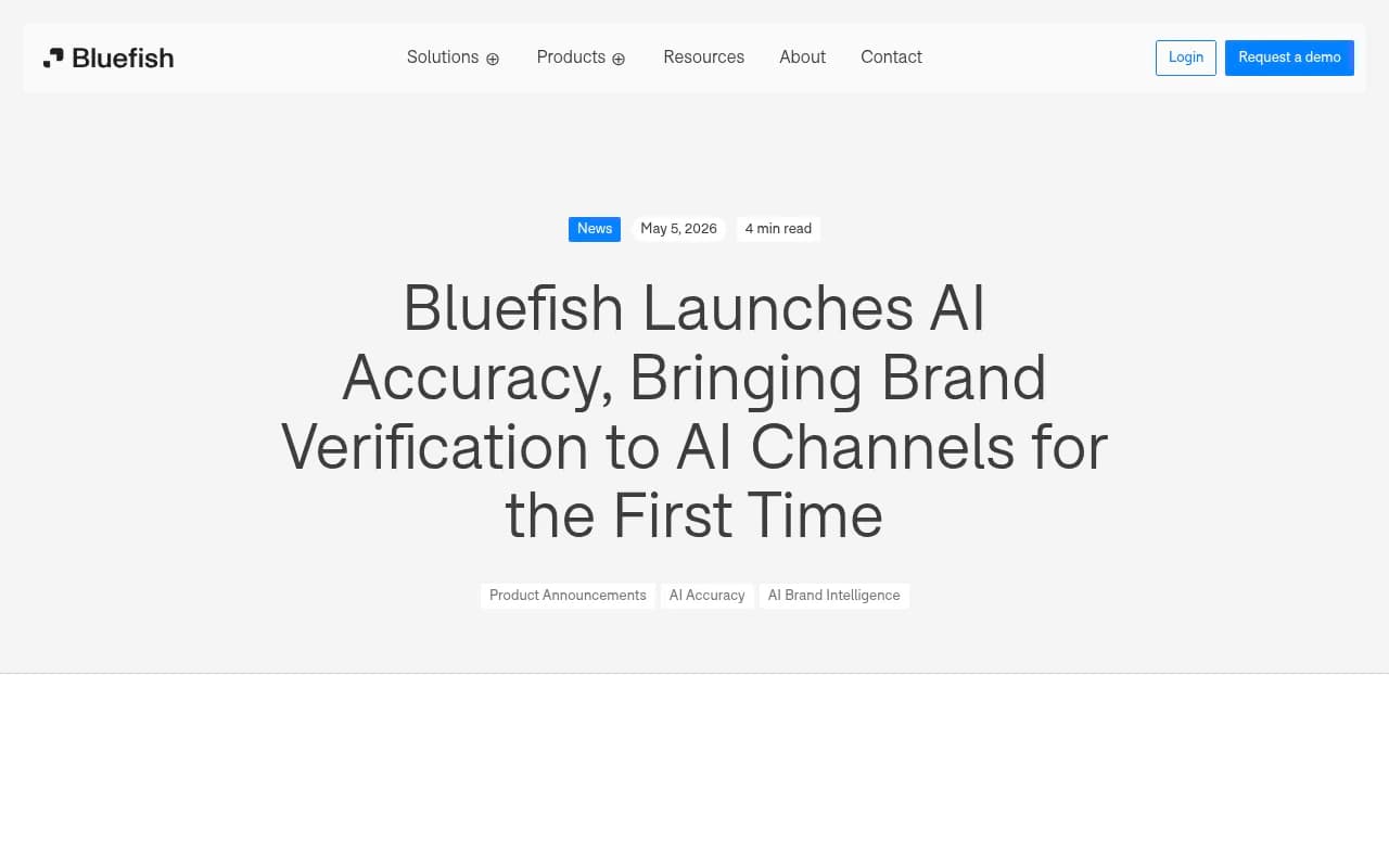 Screenshot of Bluefish's AI Accuracy product announcement, showing how the platform verifies factual claims about brands in AI responses
