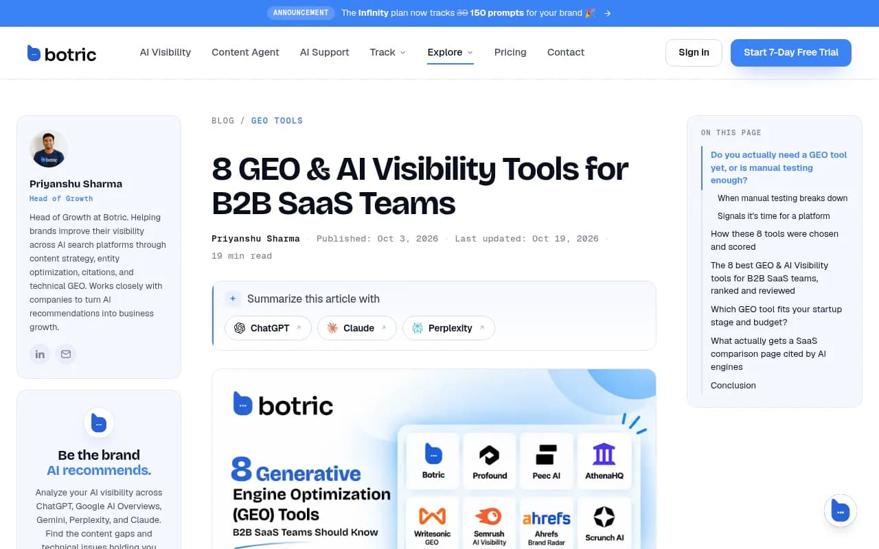 Botric's roundup of GEO and AI visibility tools for B2B SaaS teams, useful as a second opinion on the category