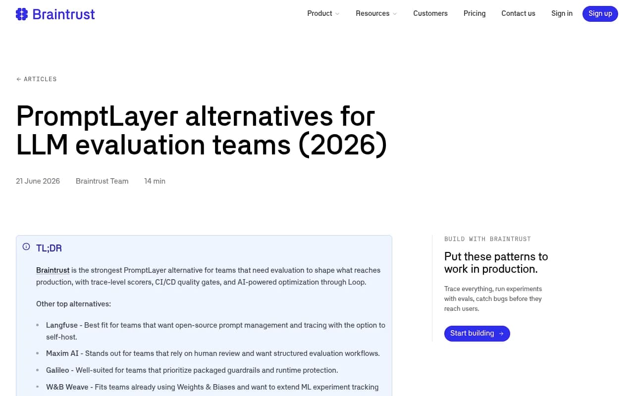 Braintrust's article comparing PromptLayer alternatives for LLM evaluation teams