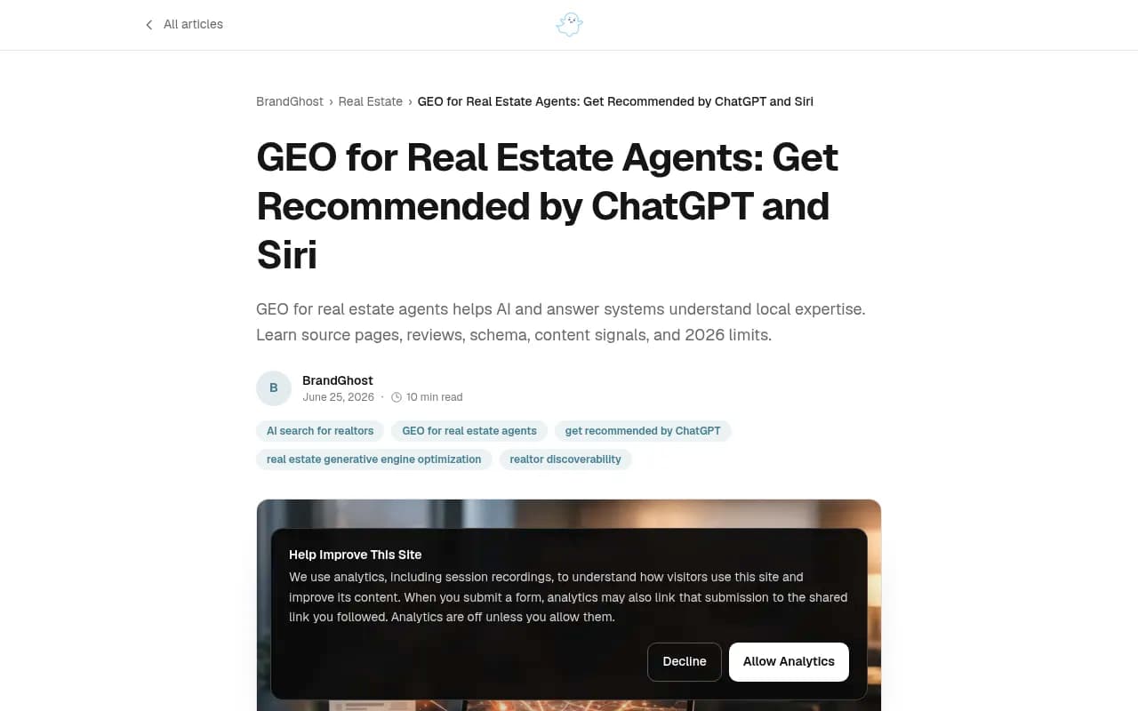 BrandGhost article on GEO for real estate agents covering source quality and consistent profiles
