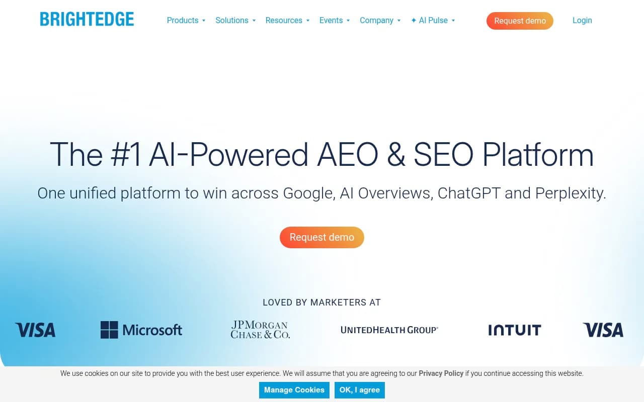 BrightEdge homepage pitching a unified AEO and SEO platform across Google, AI Overviews, ChatGPT and Perplexity