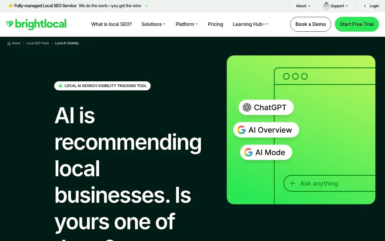 BrightLocal's local AI visibility page, with consumer survey stats on how people use AI to pick local businesses