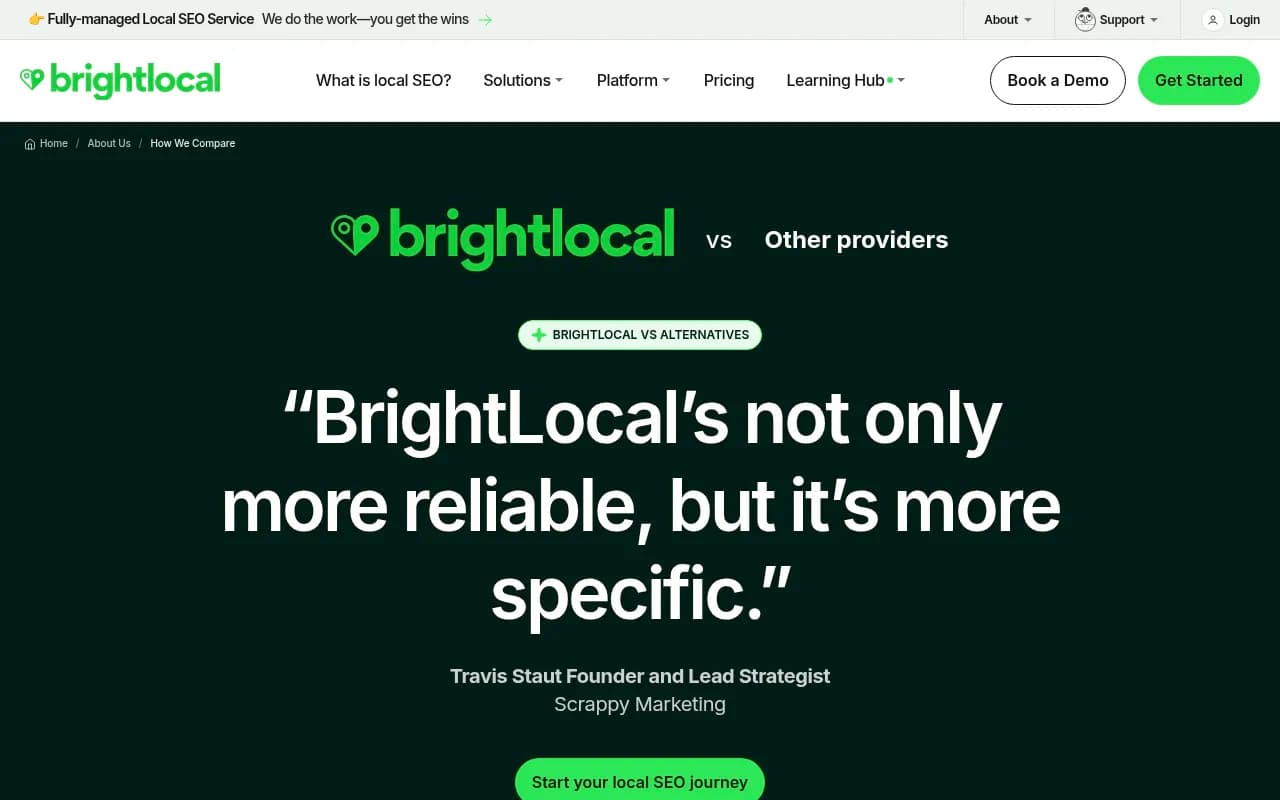BrightLocal's comparison page showing how it positions itself against Yext, Moz Local, Whitespark and Birdeye