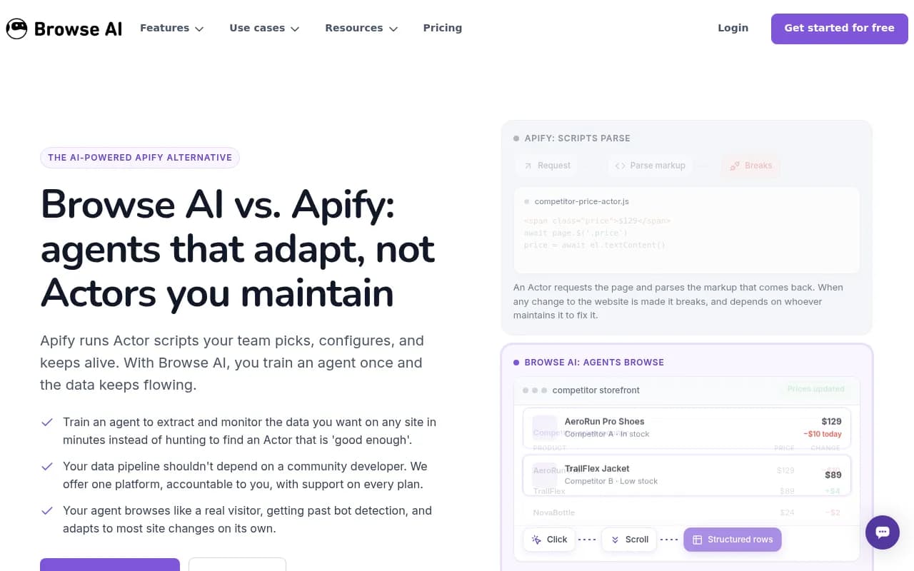Browse AI's comparison page positioning its no-code agents against Apify Actors