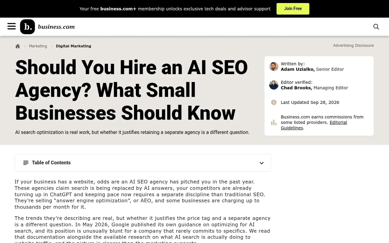 Business.com guide on whether small businesses should hire an AI SEO agency