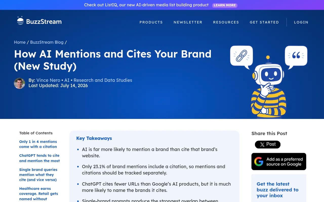BuzzStream study page on how AI mentions and cites brands