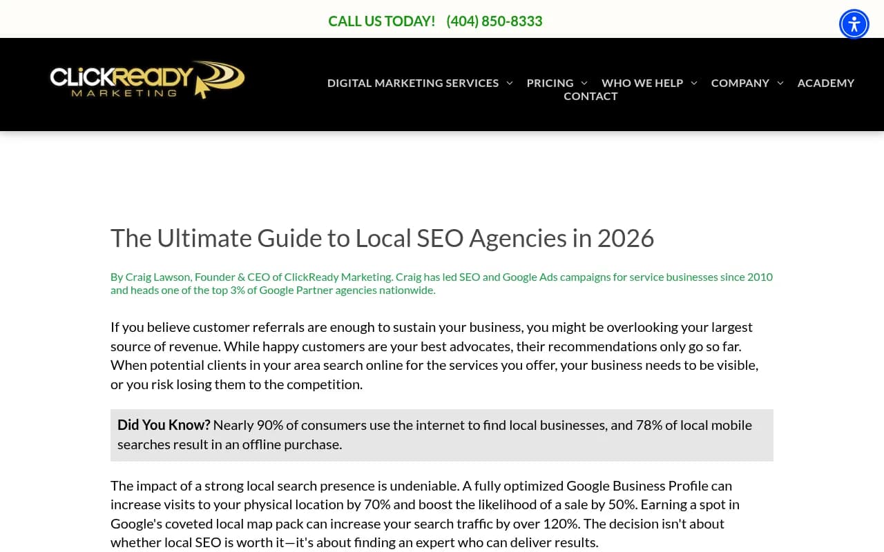 ClickReady's local SEO agencies guide, which ranks its own publisher as best overall