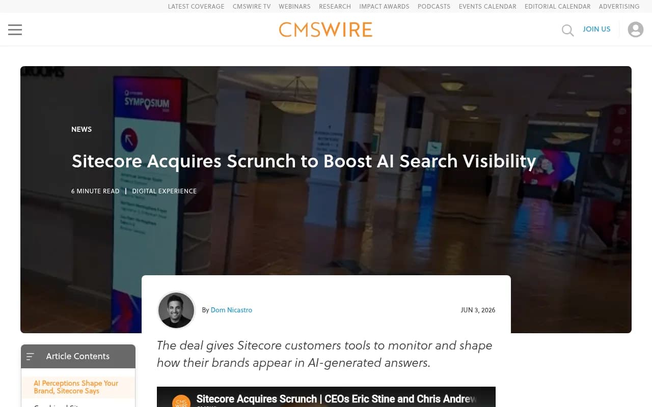 CMSWire coverage of Sitecore's acquisition of Scrunch AI in June 2026