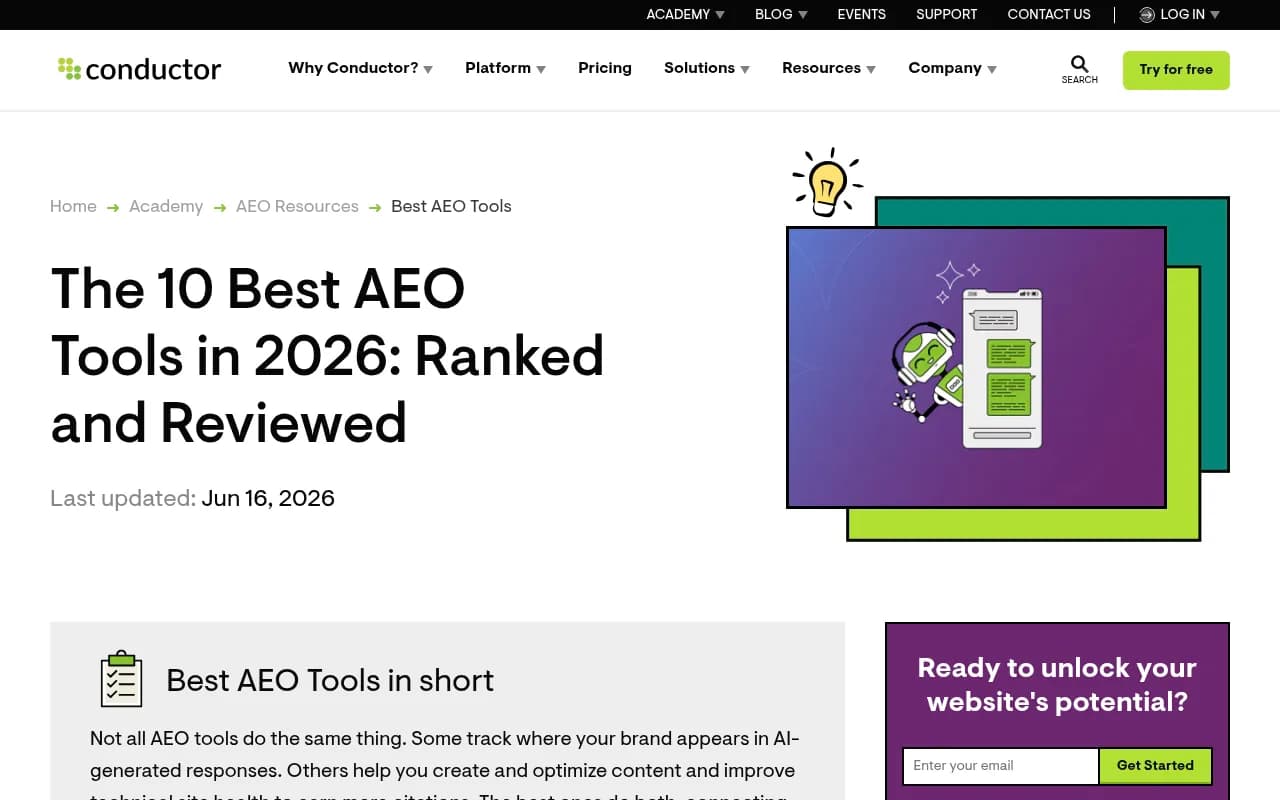 AEO tools roundup from Conductor showing ranked list of platforms