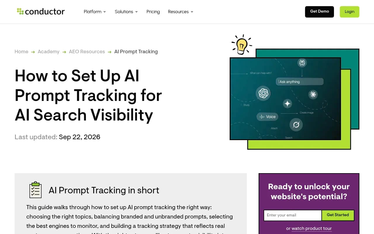 Conductor's academy guide on setting up AI prompt tracking, covering topics, prompts and engine selection