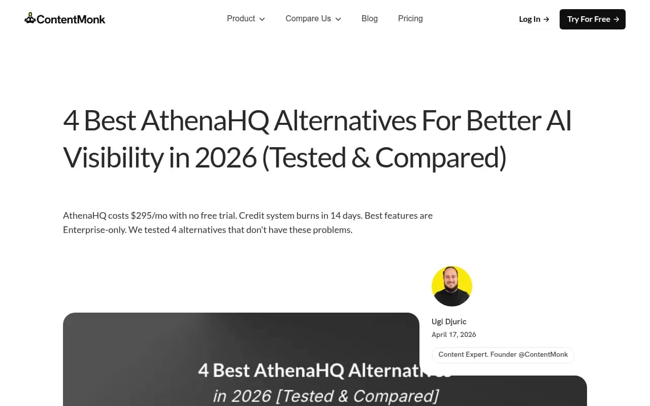 Comparison of AthenaHQ alternatives, showing the gap between monitoring-only tools and platforms with content generation capabilities