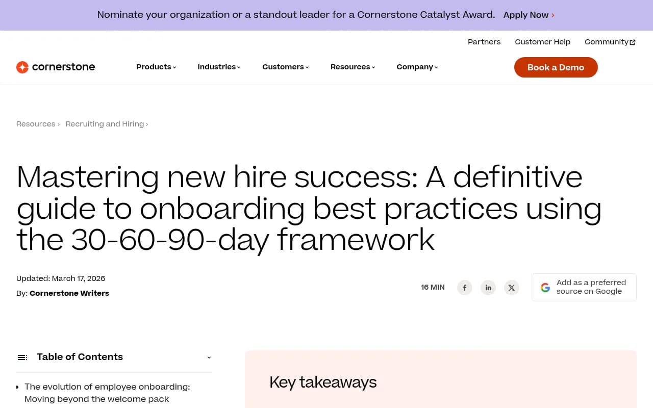 Cornerstone's guide to the 30-60-90-day onboarding framework, the model this plan borrows from