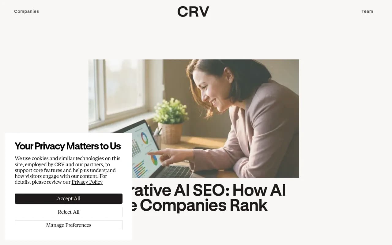 CRV's analysis of how AI-native companies rank in generative search, showing why domain authority matters less for AI citations