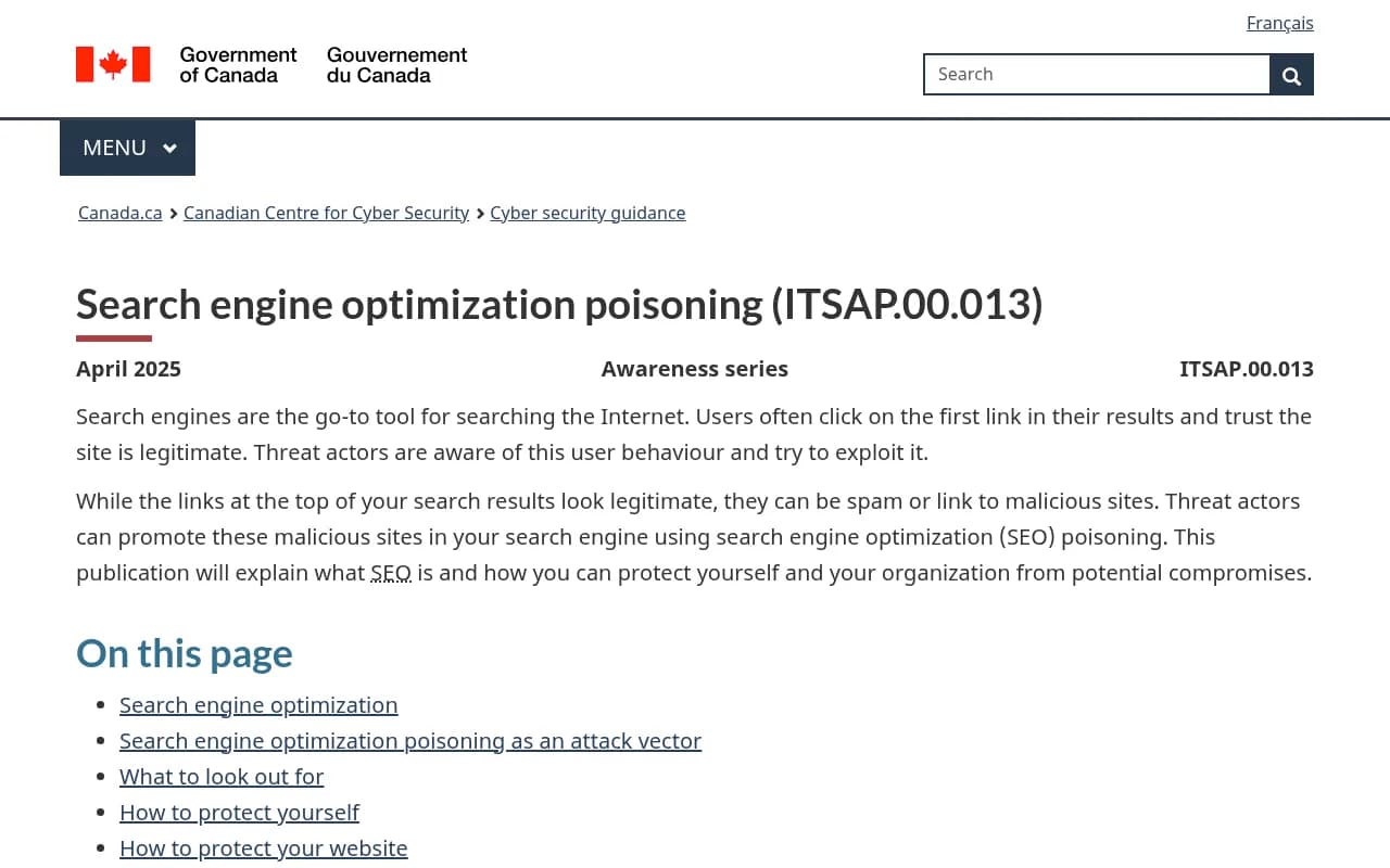 Canadian Centre for Cyber Security guidance on SEO poisoning