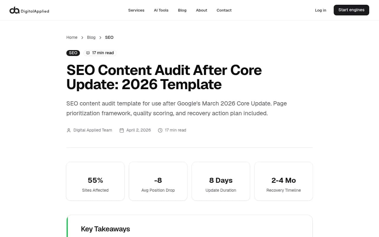 SEO Content Audit After Core Update 2026 Template showing impact statistics including 55% of sites affected and average 8-position drops