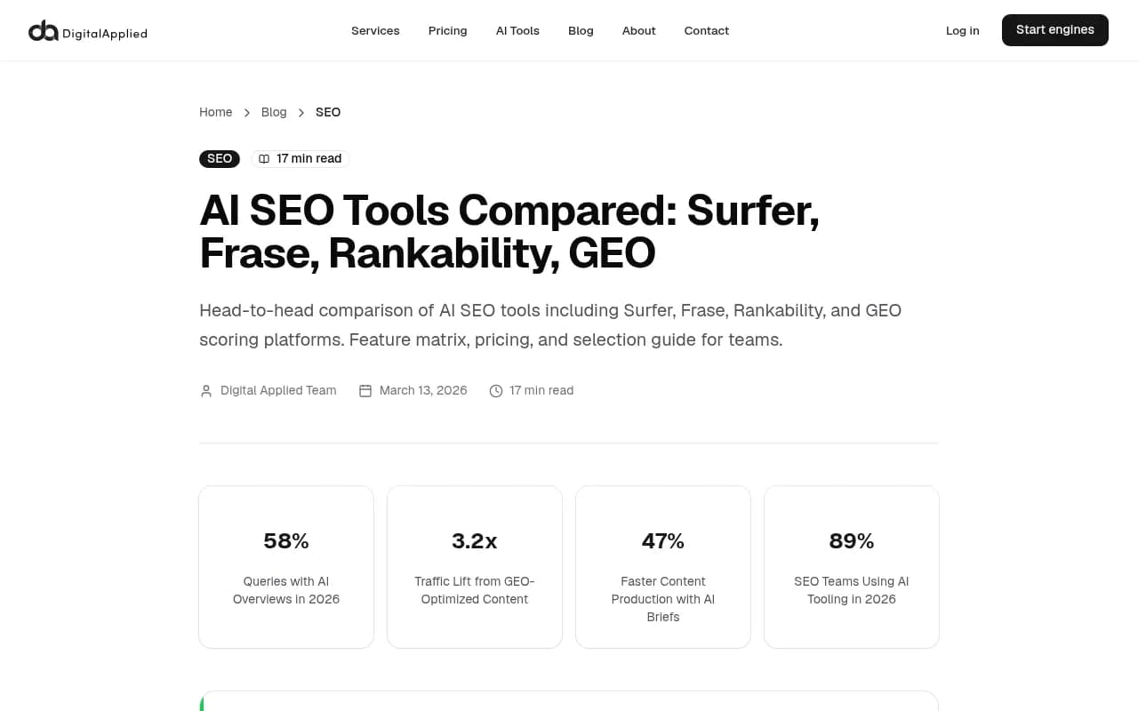 Digital Applied comparison of Surfer, Frase, Rankability and GEO scoring tools