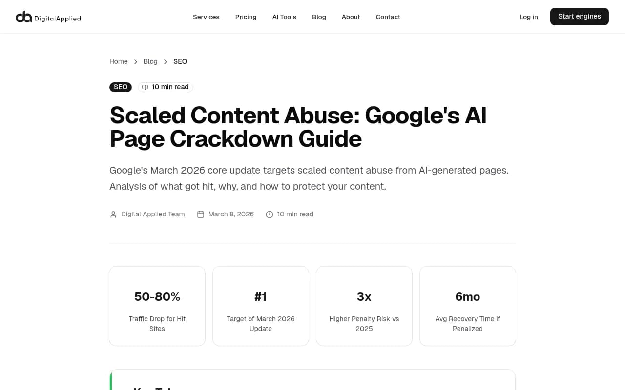 Digitalapplied's guide on Google's scaled content abuse enforcement, covering how thin AI pages are detected and what recovery looks like